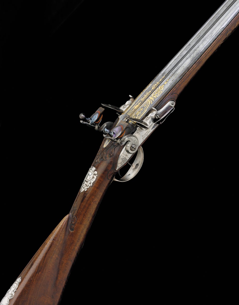 En fin och sällsynt 20-håls silvermonterad fransk D.B. Flintlock Sporting Gun, ca 1725 av French School
