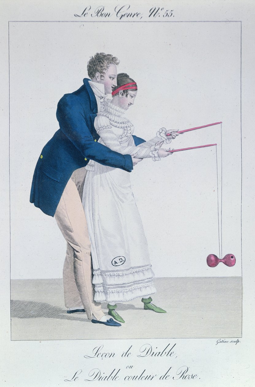 A Game of Diabolo, tidigt 1800-tal (färggravyr) av French School
