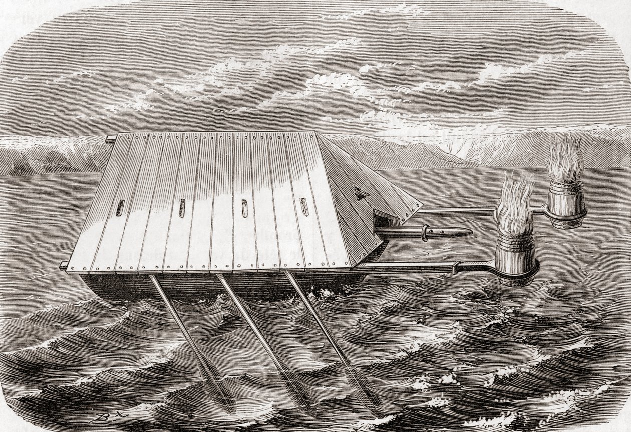 Ett grekiskt eldskepp, efter en teckning i ett latinskt manuskript från 1200-talet, från Les Merveilles de la Science, publicerat ca 1870 (gravyr) av French School