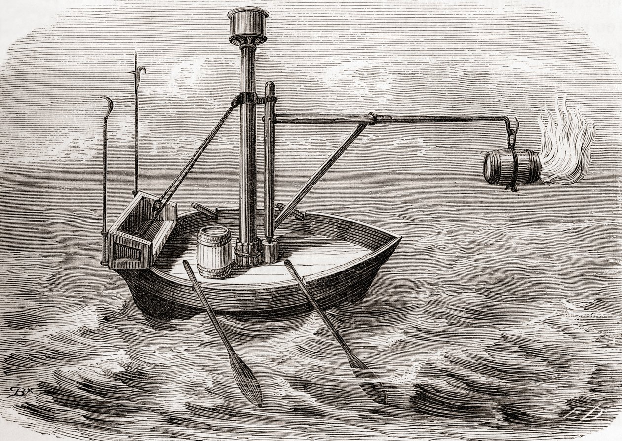 Ett grekiskt eldskepp, efter en teckning i ett latinskt manuskript från 1200-talet, från Les Merveilles de la Science, publicerat ca 1870 (gravyr) av French School