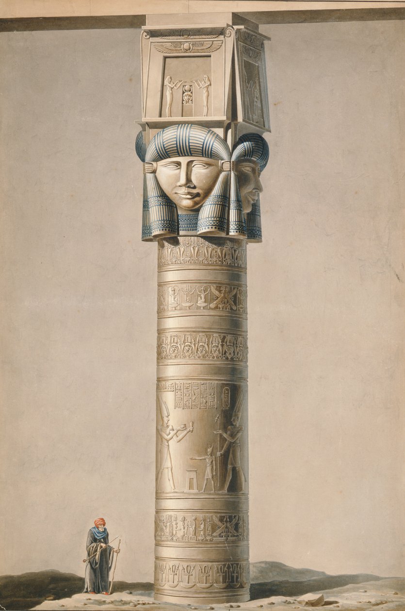En Hathor-huvudstolpe vid Dendarah, illustration Beskrivningar av Egypten av Edmonde Francois Jomard (1777-1862) publicerad 1809-22 (wc på papper) av French School