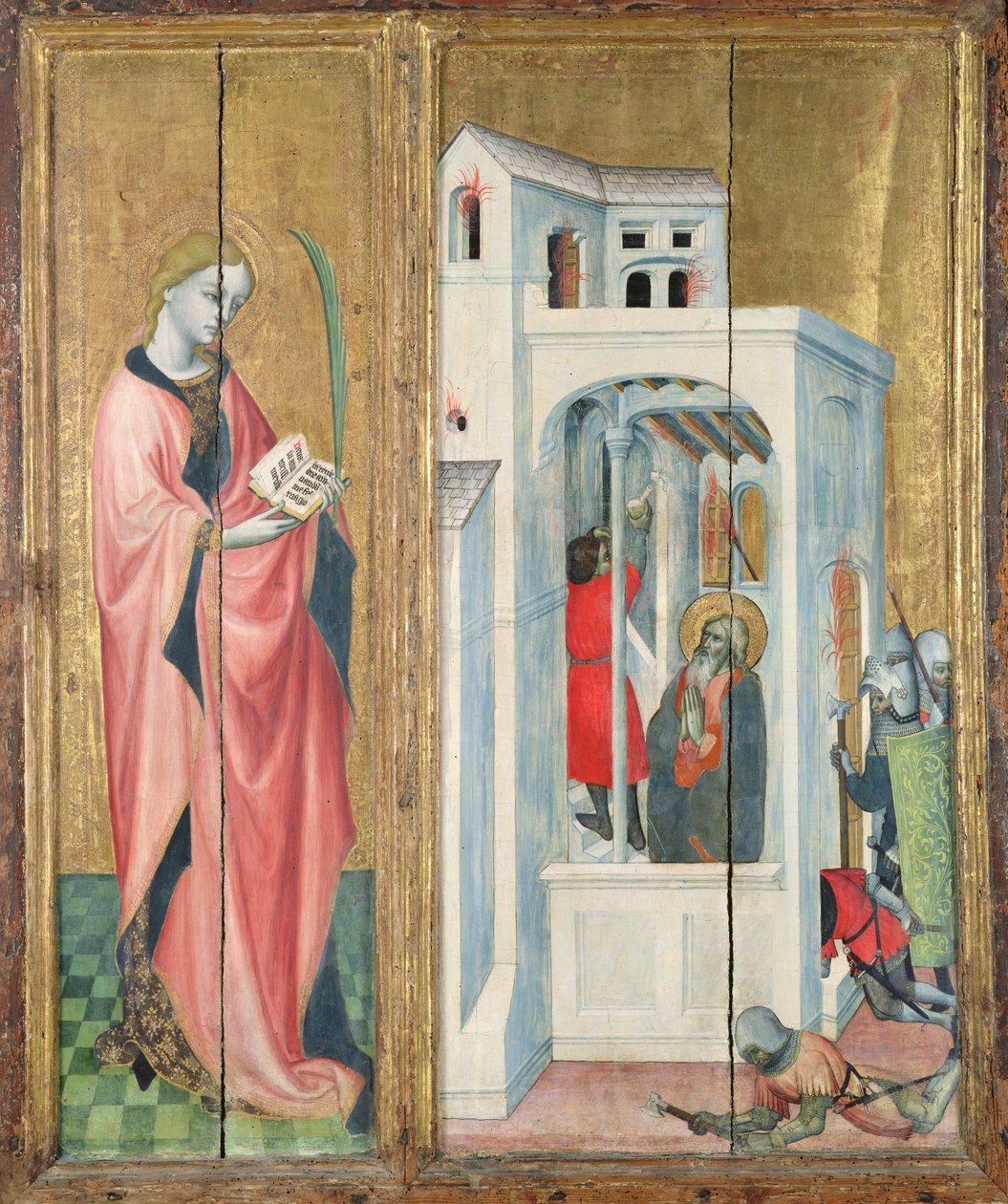 En helig martyr och St. Andrews lärjunge som släcker elden, vänster panel på Thouzon altartavla, School of Provence (tempera på panel) av French School