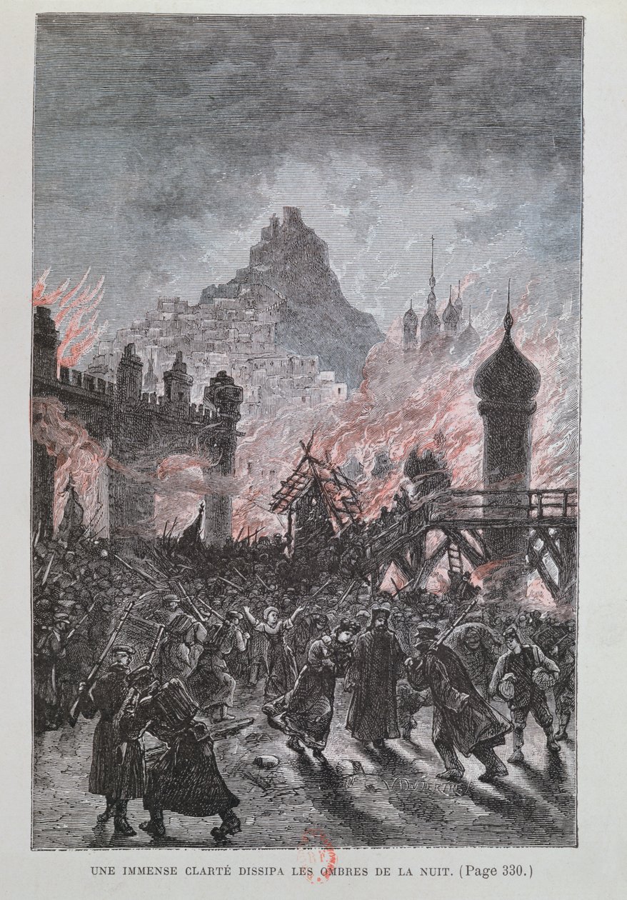 Ett enormt ljus skingrade skuggorna, från Michel Strogoff av Jules Verne (1828-1905) 1893 av French School