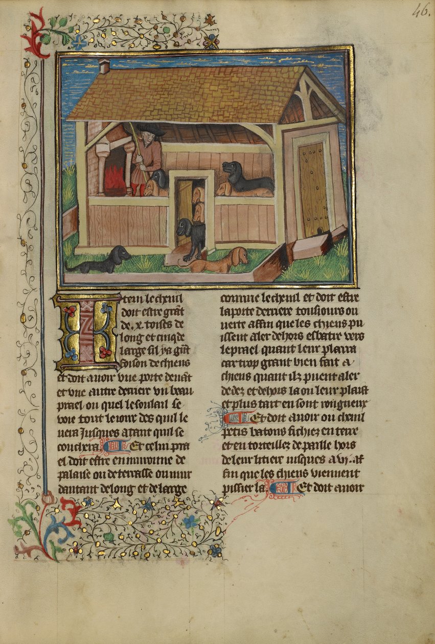 A Hunter Attenting to Kenneled Dogs, c.1430-40 (tempera, guld, silverfärg och blad på pergament) av French School
