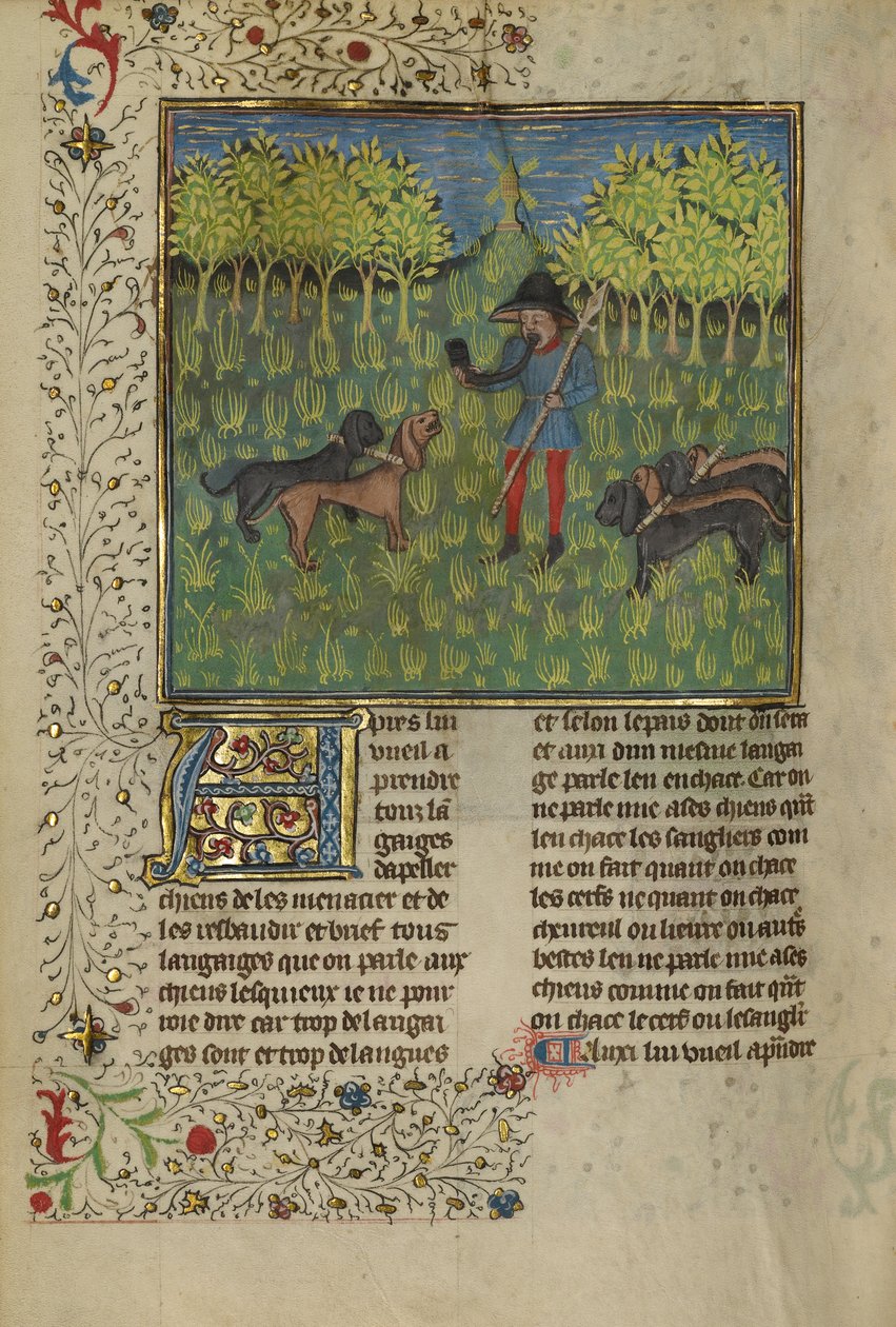 En jägare tränar hundar för att svara på ett horns kall, ca 1430-40 (tempera, guld- och silverfärg och bladguld på pergament) av French School