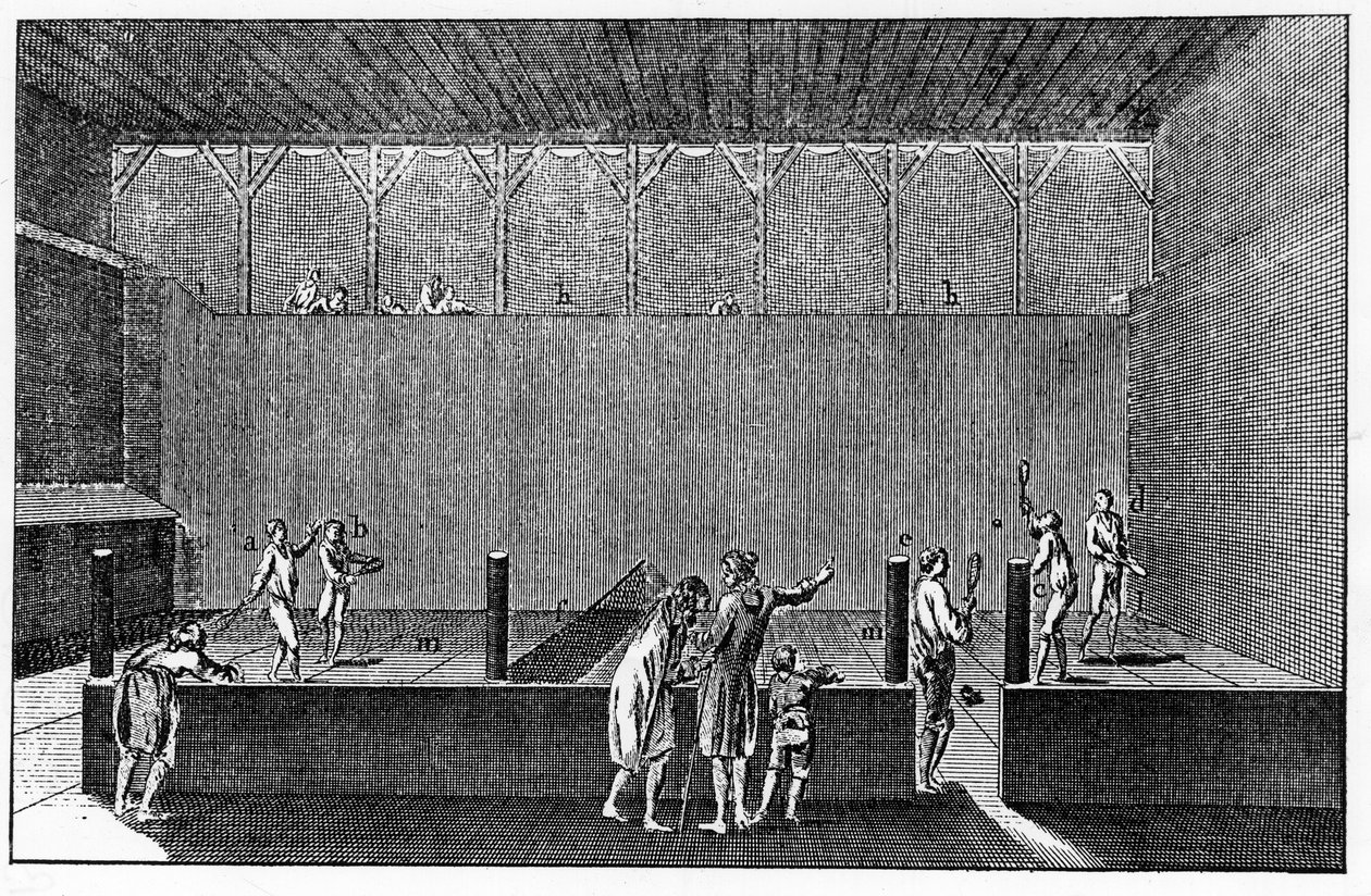 En Jeu de Paume under Ludvig XIV:s regering, baserad på ett tryck från Diderot och Alemberts uppslagsverk av French School