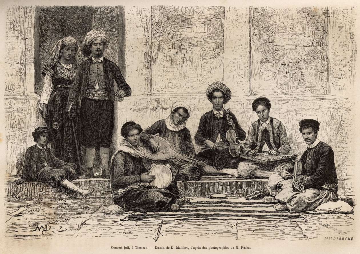 En judisk orkester, i Tlemcen, alltid sammansatt av 5 instrument: rbab monteras på 2 strängar; kouistra, ett slags luta; kamendja, eller fiol; centihr, ett slags platt trapetsfodral och derboucha, en sorts tamburin i jord; alla mu av French School