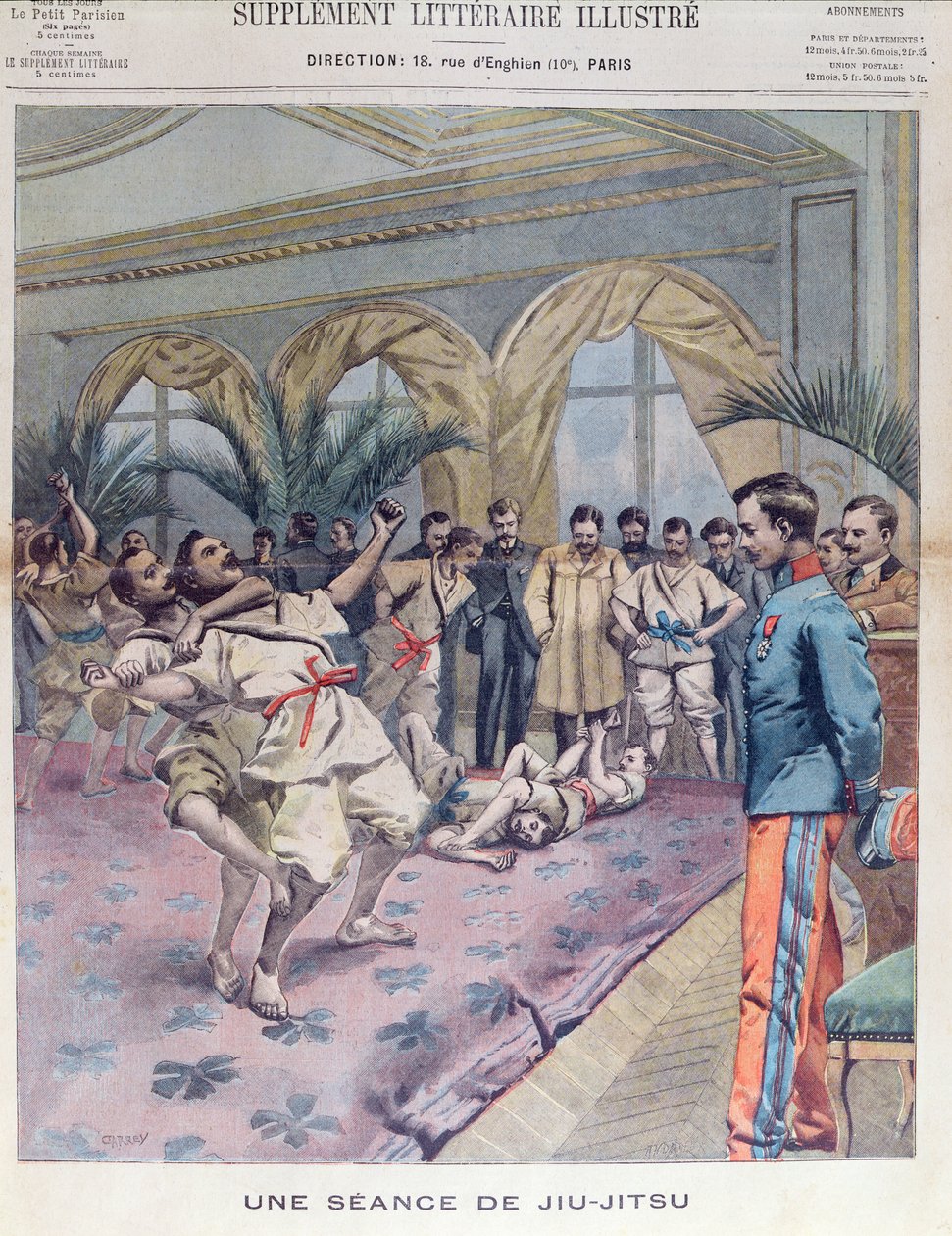 En Jiu-Jitsu-session i Frankrike, illustration från Le Petit Parisien, 1905 av French School