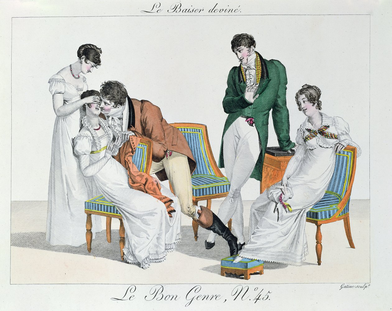 A Kissing Game, tidigt 1800-tal (färggravyr) av French School
