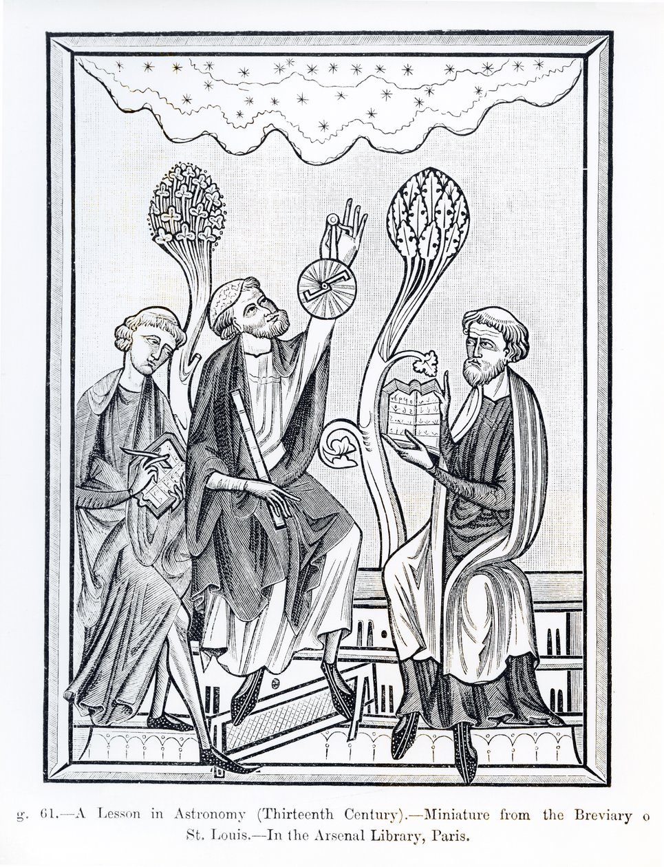 A Lesson in Astronomy, från Breviary of St. Louis, illustration från Science and Literature in the Middle Ages and the Renaissance, skriven och graverad av Paul Lacroix, 1878 (bw foto av French School