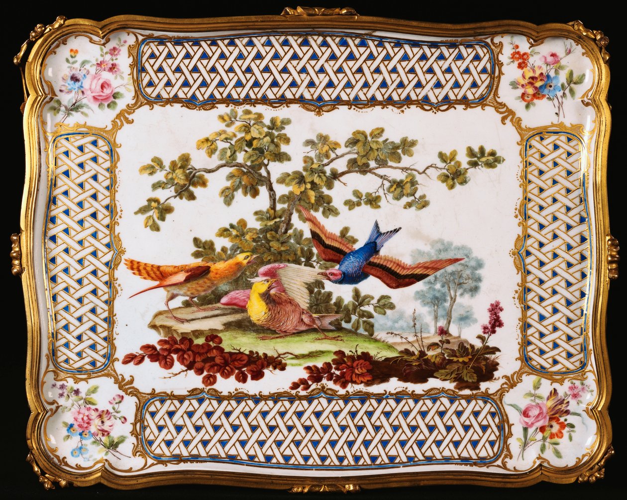En bricka av Louis XV Sevres dekorerad med tre exotiska fåglar i ett landskap, som bildar toppen av ett bord, ett kafé, 1761 av French School