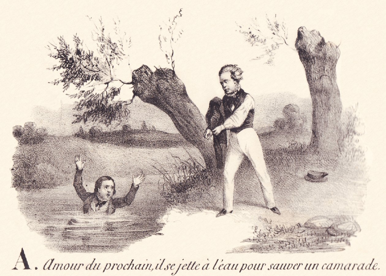 S: Kärlek till nästa, han kastar sig i vattnet för att rädda en kamrat. av French School