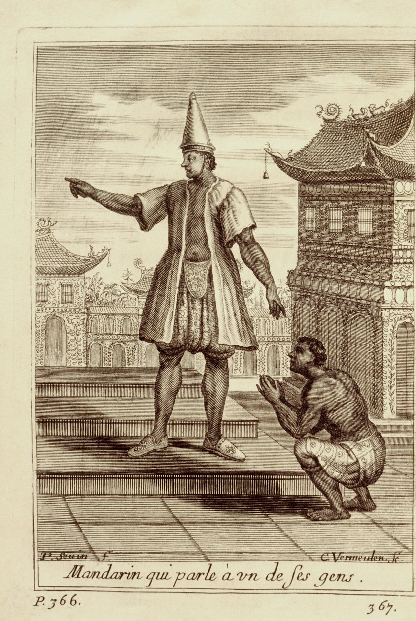 En mandarin man pratar med ett av sina folk, från Voyage du Siam des Peres Jesuites av Guy Tachard, 1688 av French School