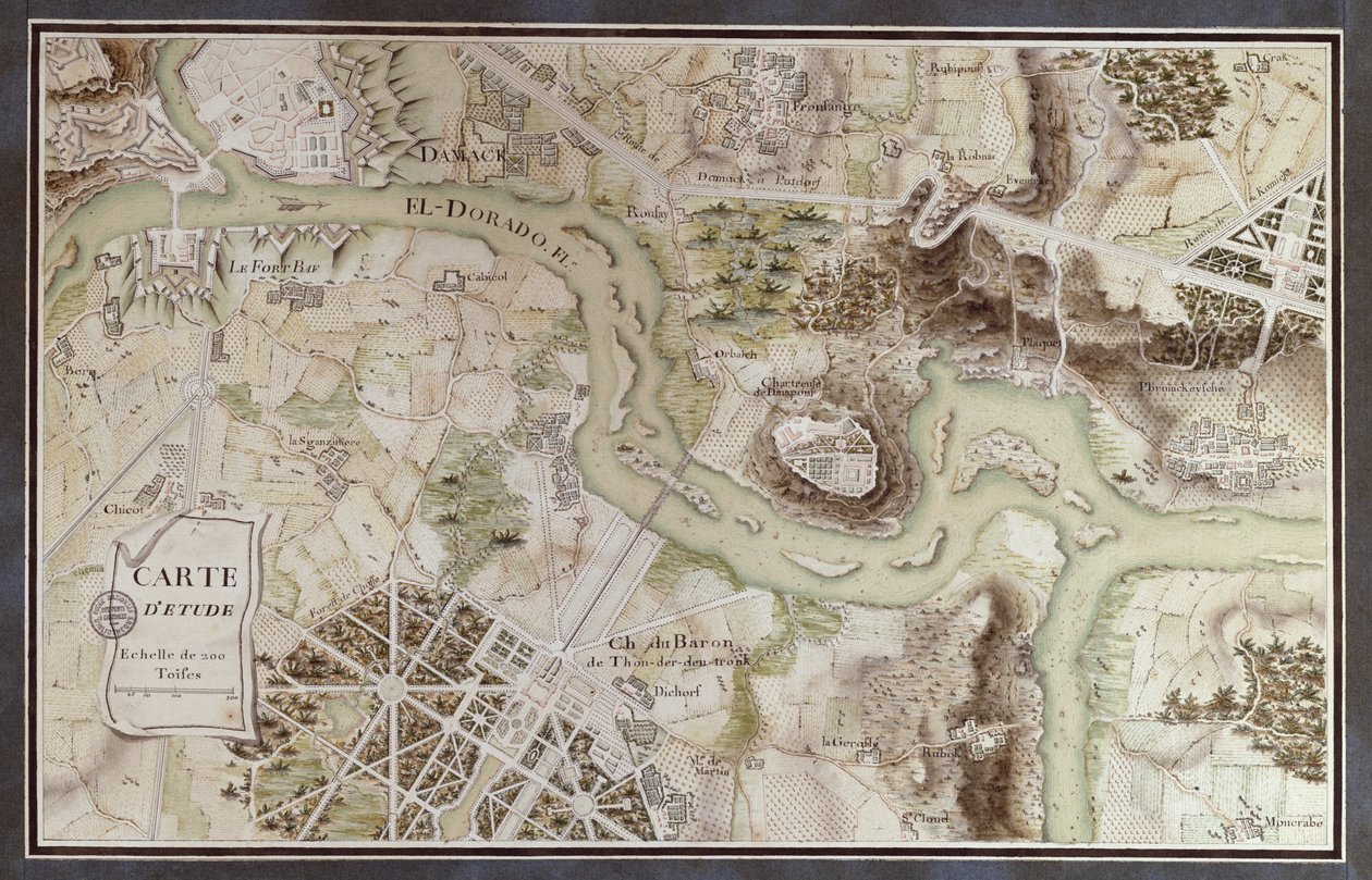 En karta inspirerad av Candide av Francois Voltaire (1694-1778) för en tävling anordnad av Ecole Nationale des Ponts et Chaussees i Paris, sent 1700-tal (penna & bläck och wc på papper) av French School
