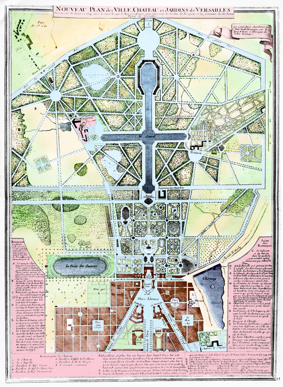 En ny plan för staden, slottet och trädgårdarna i Versailles, 1714 av French School