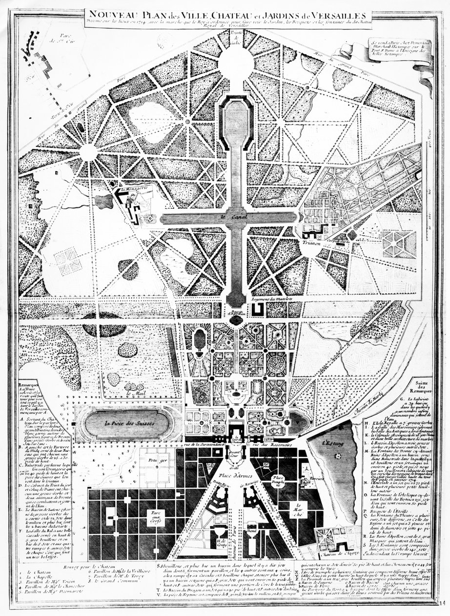 En ny plan för staden, slottet och trädgårdarna i Versailles, 1714 av French School