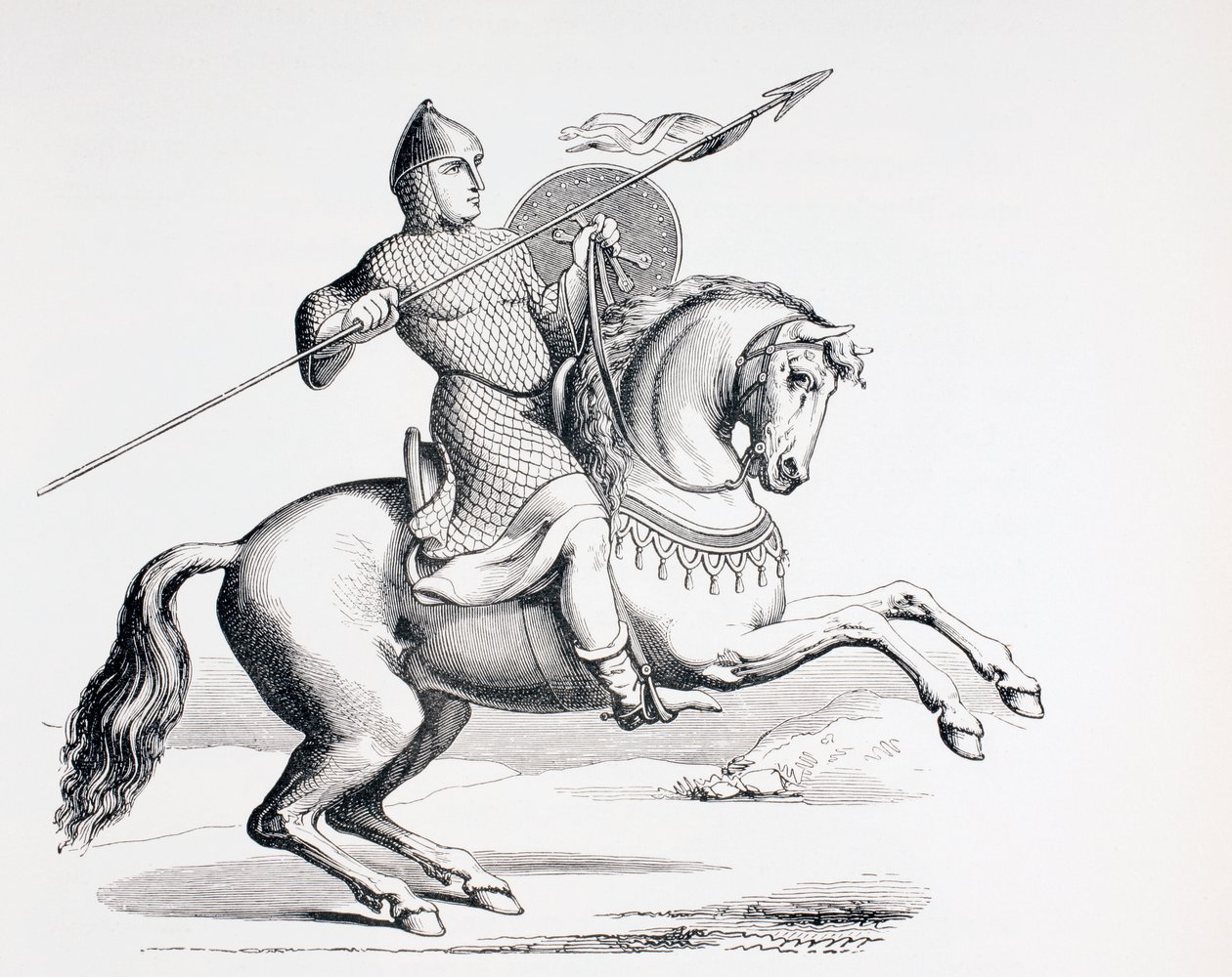 En normansk riddare klädd i ringbrynja och hjälm som bär spjut och sköld, 1873 av French School