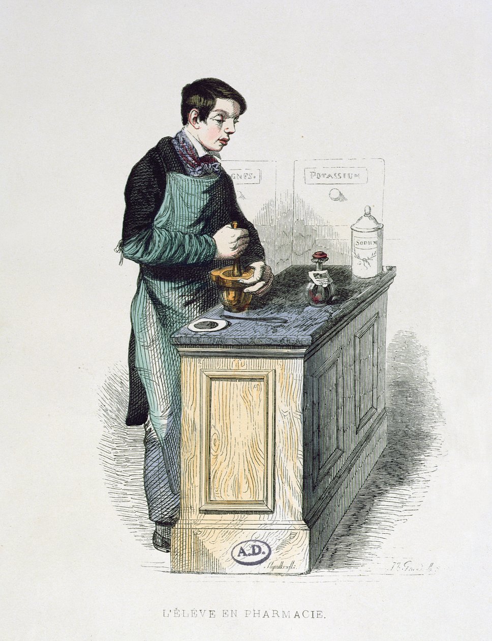 A Pharmacy Student som förbereder medicin, illustration från The French Painted by Themselves, Editions L. Curmer, 1841 (färggravyr) av French School