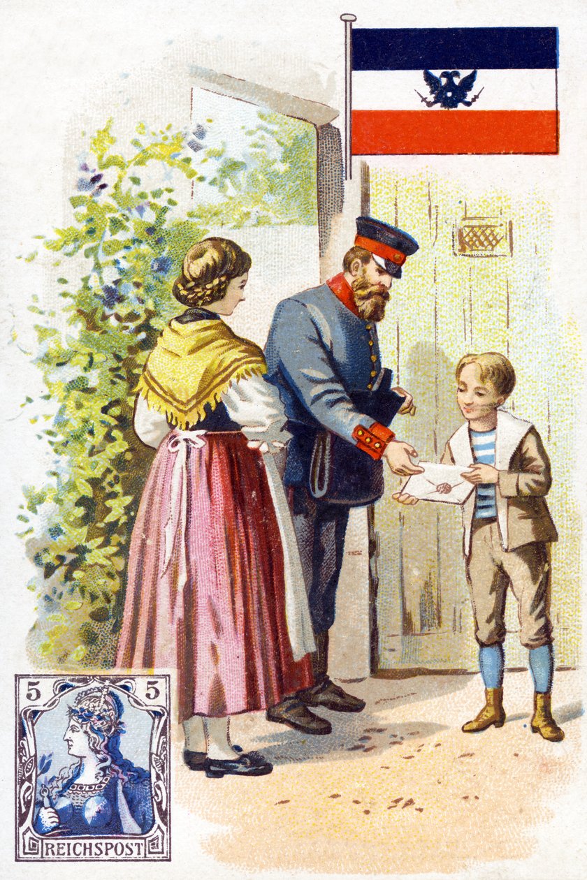 En brevbärare i Tyskland som levererar ett brev, sent 1800-tal av French School