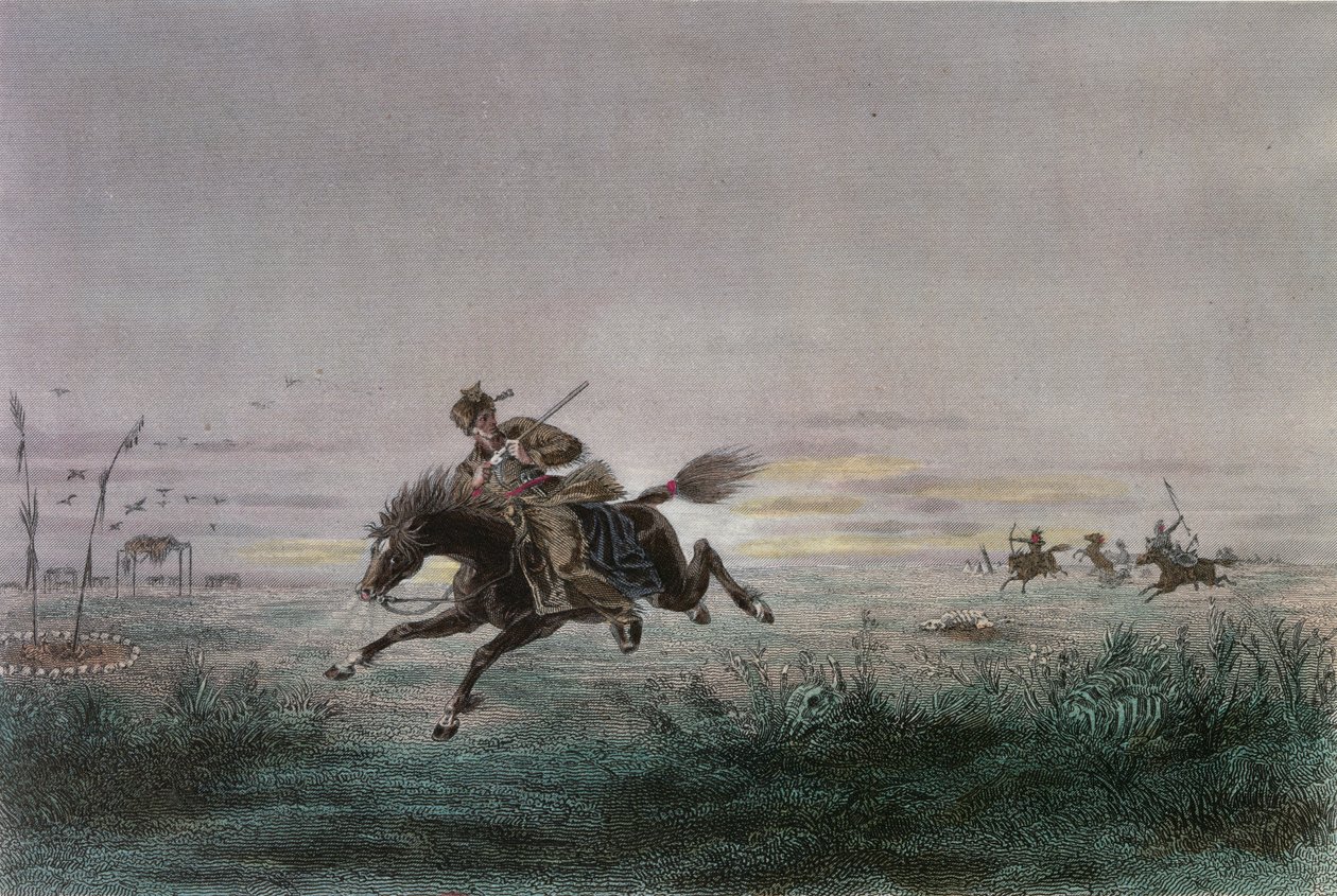 En brevbärare från American Pony Express som attackeras av indianer av French School