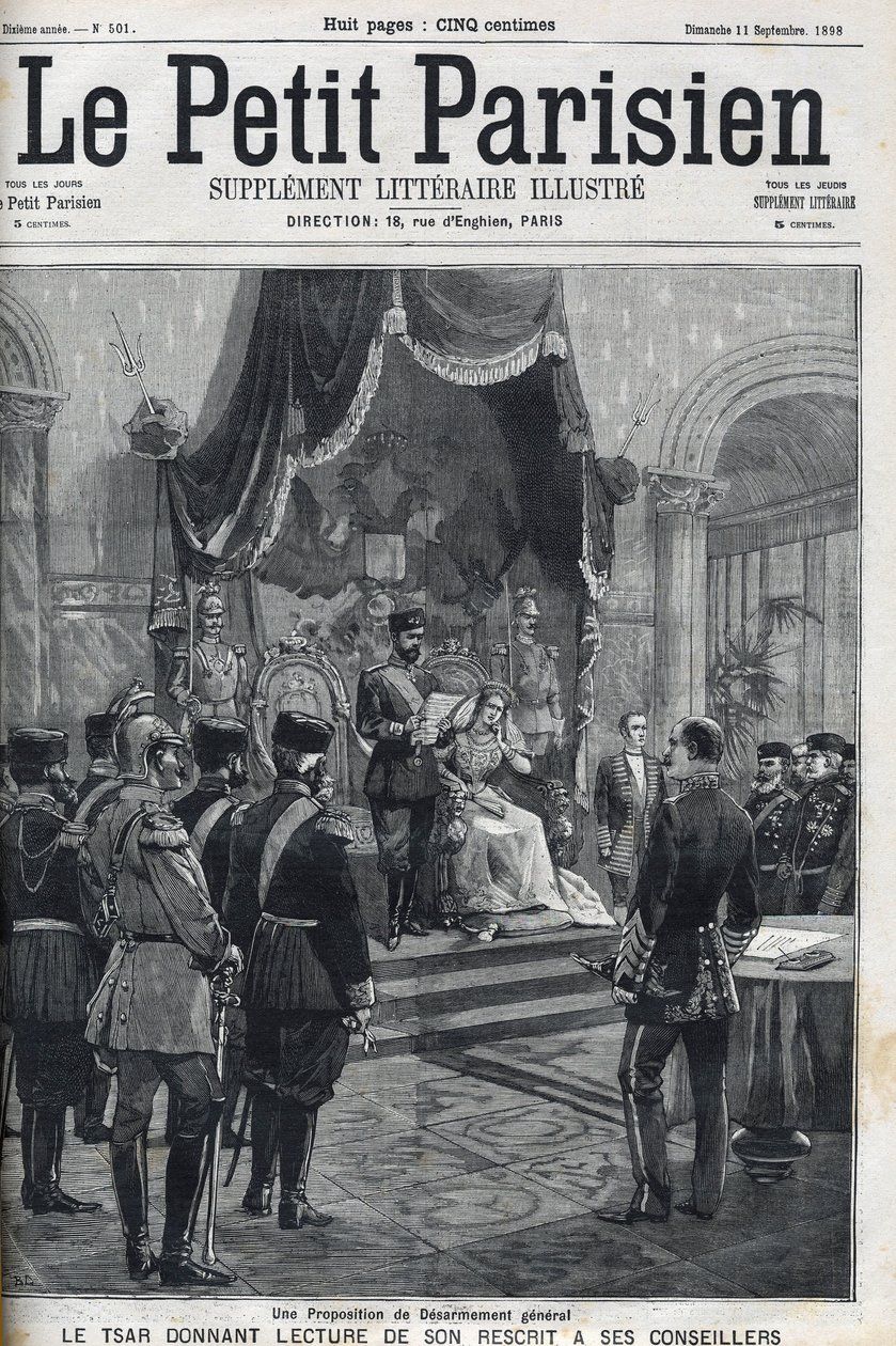 Ett förslag om allmän nedrustning (framställt till de europeiska makterna) - Tsar Nicholas II (1868-1918) läser upp sin reskription för sina rådgivare. Le Petit Parisien av French School