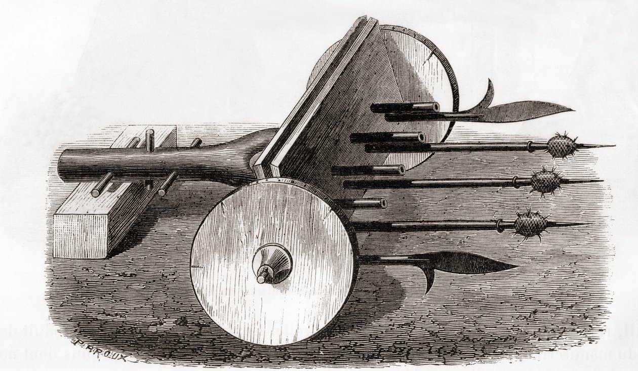 En Ribauldequin, infernalisk maskin- eller orgelpistol, beväpnad med små kanoner och gäddor, från Les Merveilles de la Science, publicerad ca 1870 (gravyr) av French School