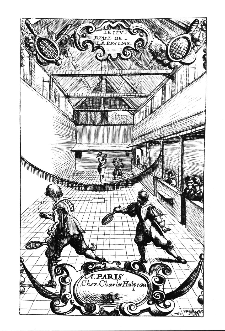 Ett kungligt tennisspel i Jeu de Paume, Versailles, utgiven av Charles Hulpeau av French School