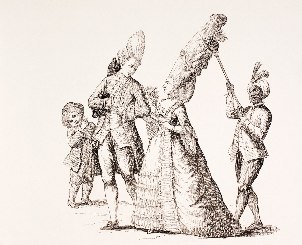 En satir över kvinnors extrema frisyrer i 1700-talets Paris, 1875 av French School