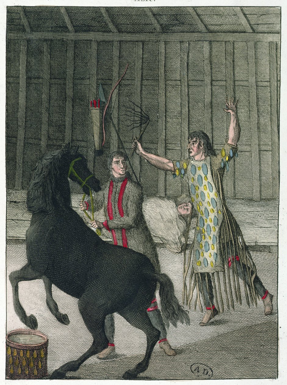 En shaman som förvisar en sjuk persons onda andar, Sibirien, ca 1811 av French School