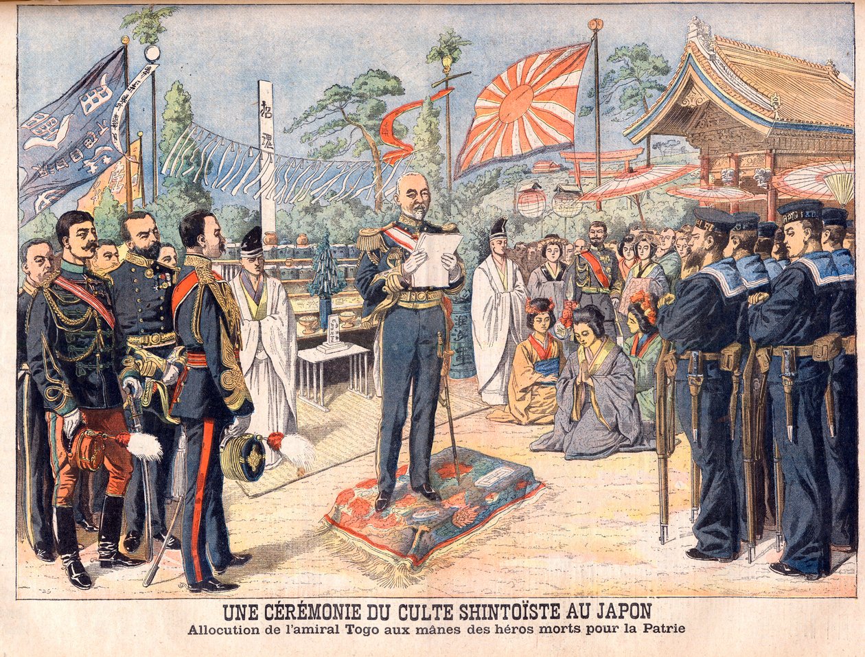 En Shinto-ceremoni i Japan. Amiral Togo talar om andarna hos japanska hjältar som dödades i det rysk-japanska kriget. En ceremoni för shintoistisk dyrkan i Japan. Anförande av amiral Togo (Togo Heihachiro av French School