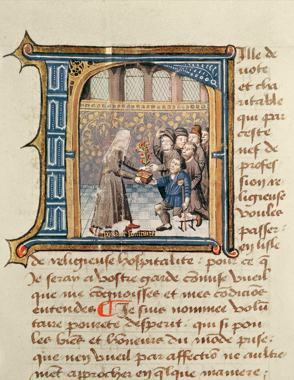 En syster som tar emot gåvor från patienter, från Le Livre de Vie Active de lHotel Dieu de Paris av Jean Henry, ca 1482 av French School