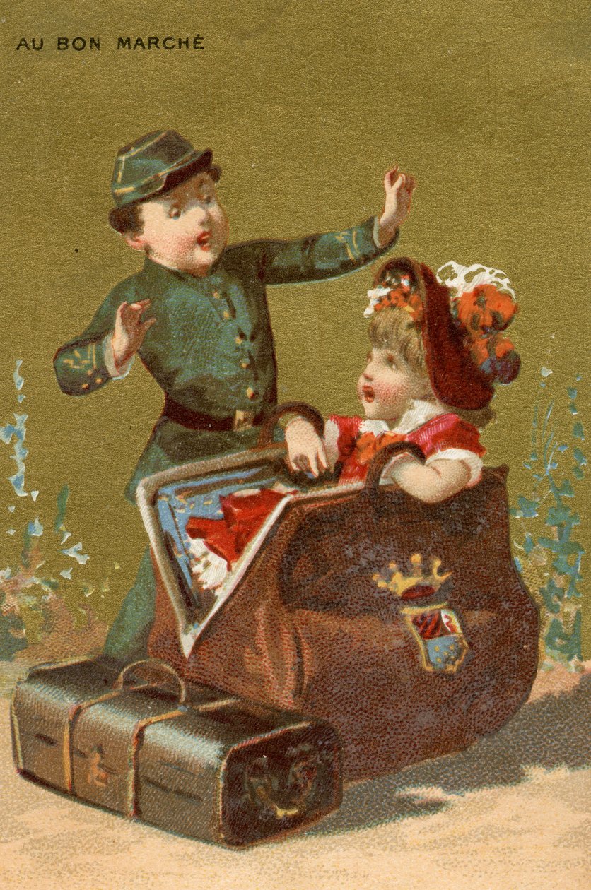 En överraskning i bagaget, från en serie illustrationer av barn, producerade som reklamkort för Bon Marché-varuhuset i Paris, ca 1890 av French School