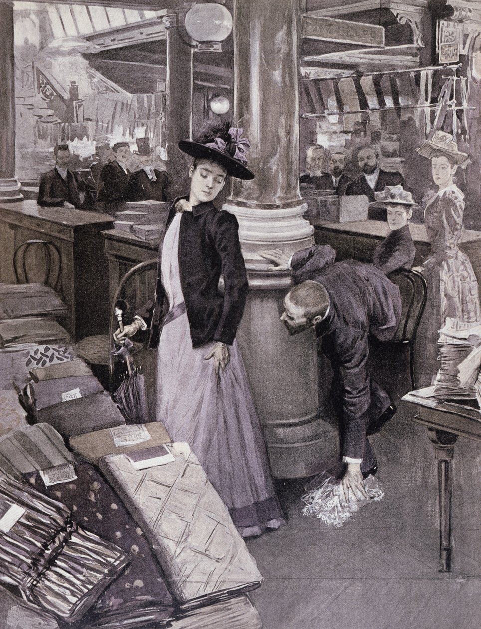 En tjuv i ett varuhus i Paris, illustration från Paradis des Dames, c.1895 av French School