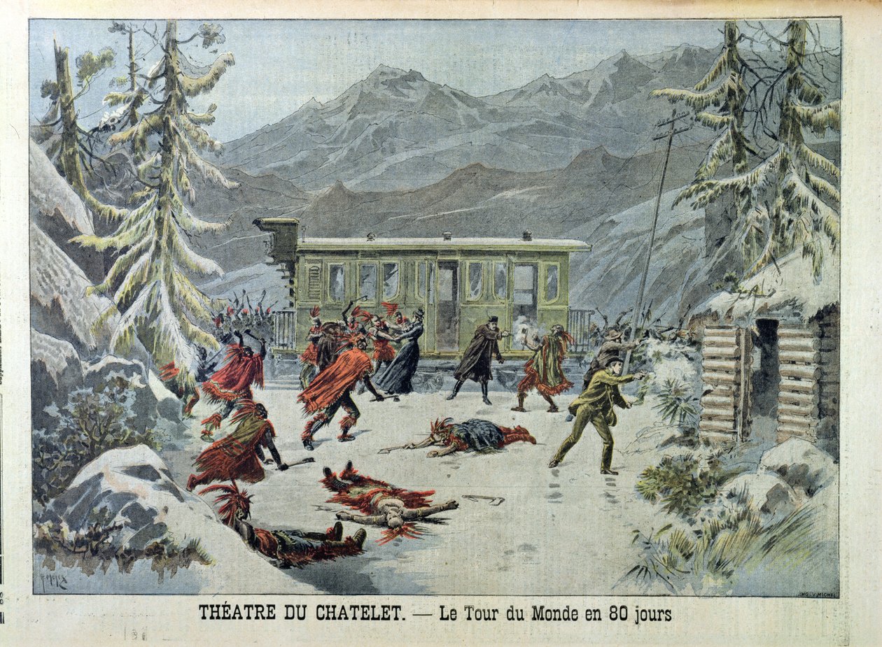 Ett tåg attackerat av amerikanska indianer, från hela världen på 80 dagar av Jules Verne (1828-1905) från Le Petit Journal, 13 maj 1898 av French School