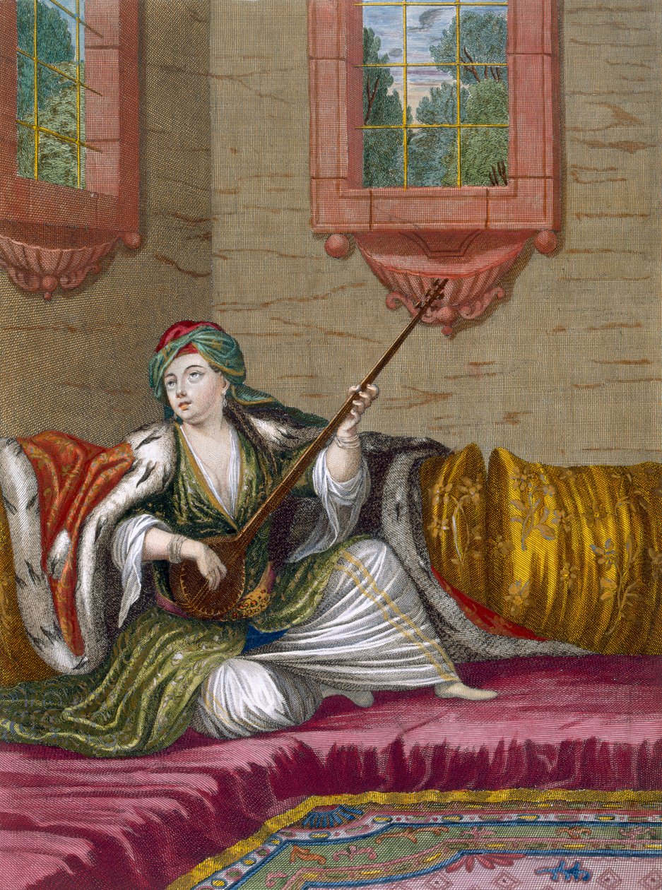 En turkisk flicka som spelar Tehegour, c.1708 av French School