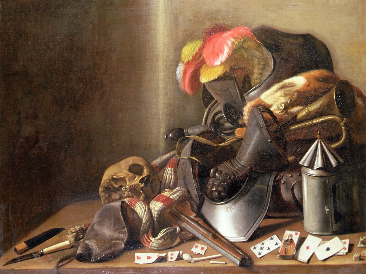 Ett Vanitas stilleben med dödskalle, spelkort och rustning, ca 1650 (olja på duk) av French School