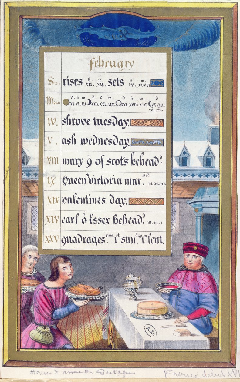 Ett viktorianskt kalenderblad för februari med en illustration från Anne de Bretagnes timbok (1488-1514) av French School