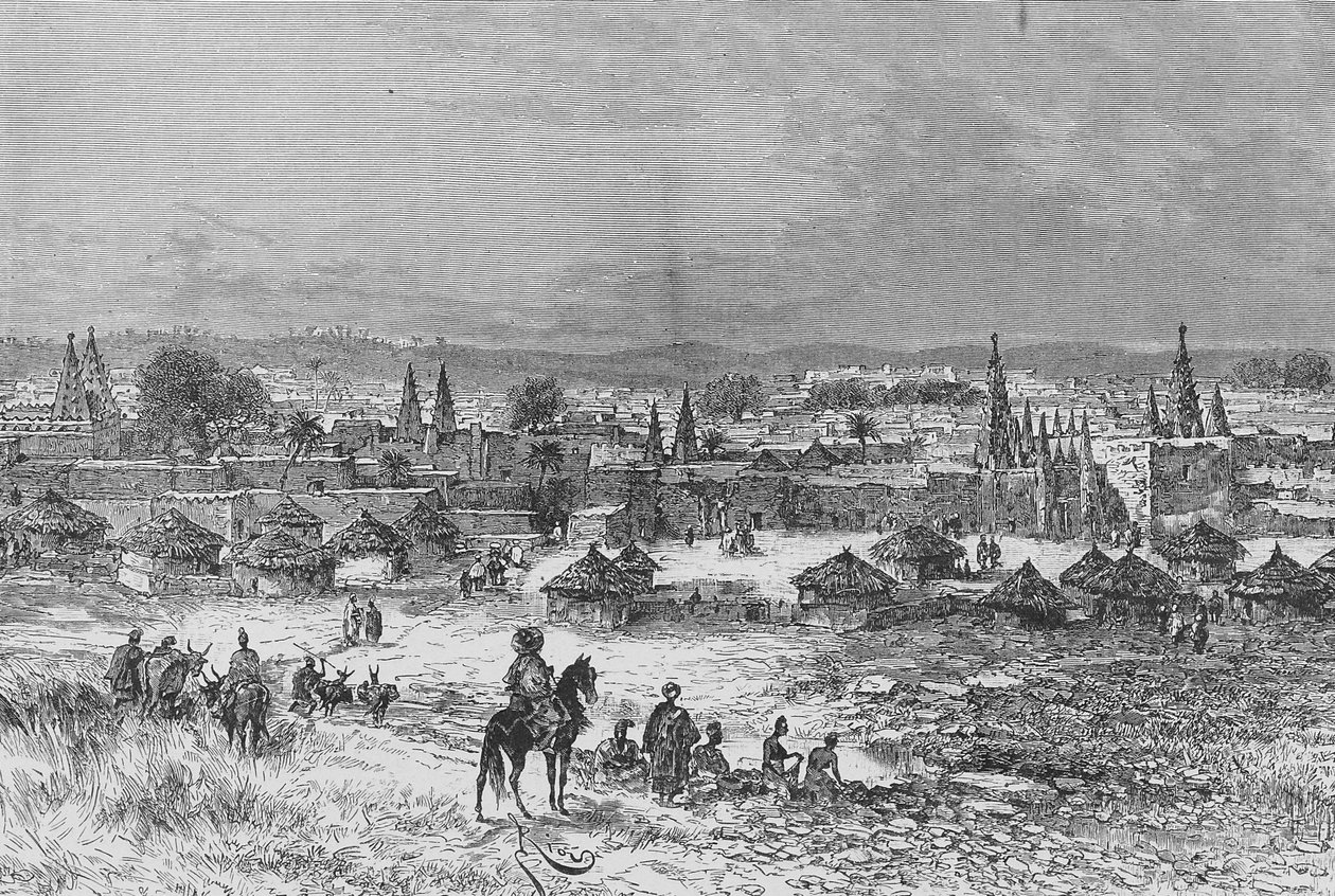 A View of Kong, illustration från "Du Niger au Golfe de Guinee...", av Louis Gustave Binger, 1892 av French School