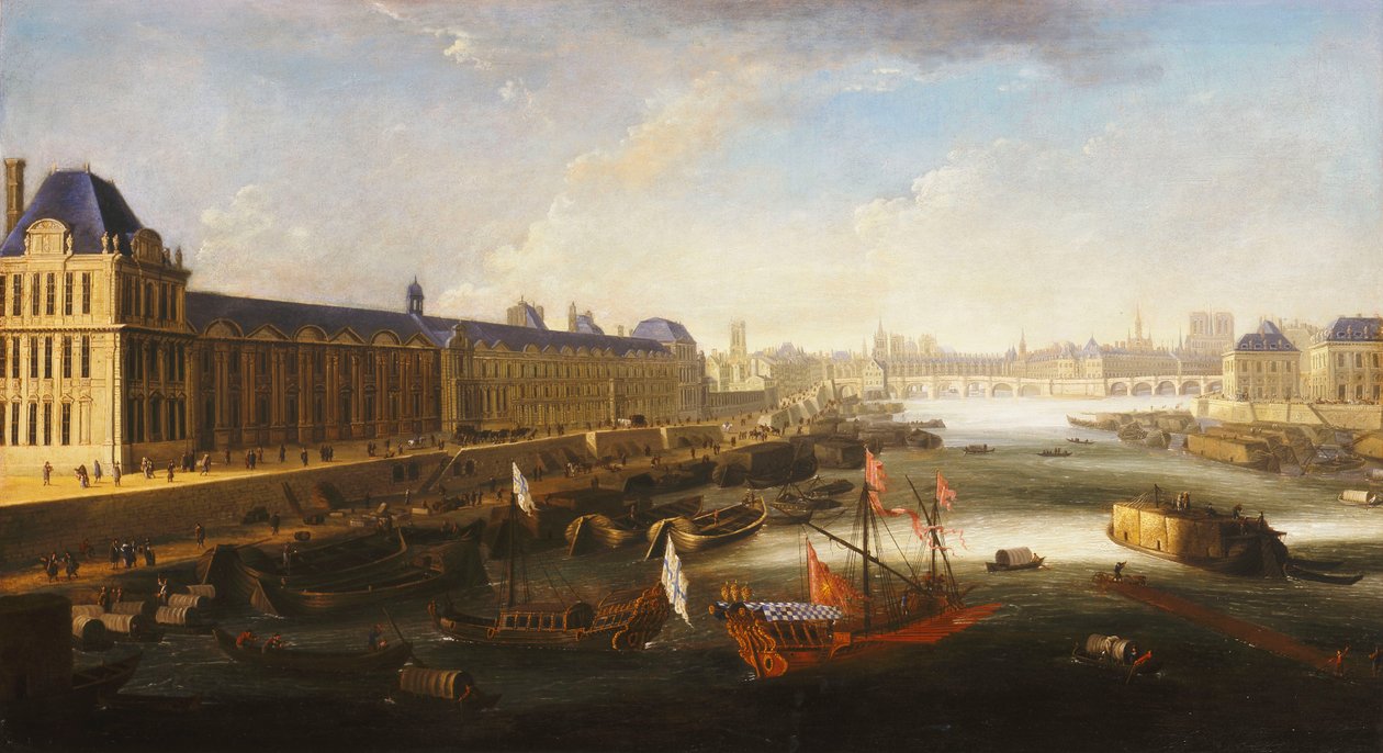 En vy av Paris och Seine som ser österut från Pont Barbier, c.1668 av French School
