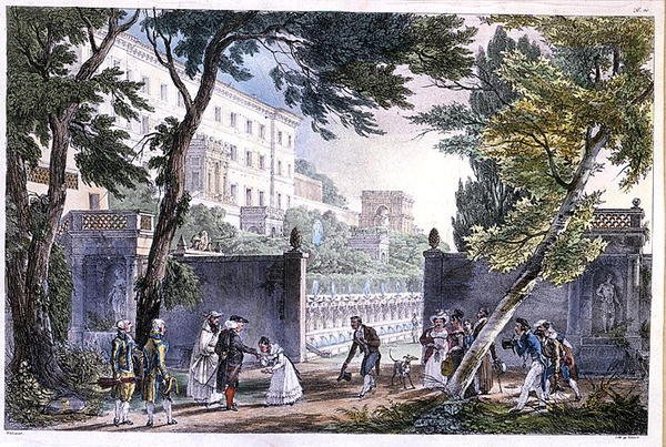 En villa i Rom, graverad av Villain, c.1820 (färg litho) av French School