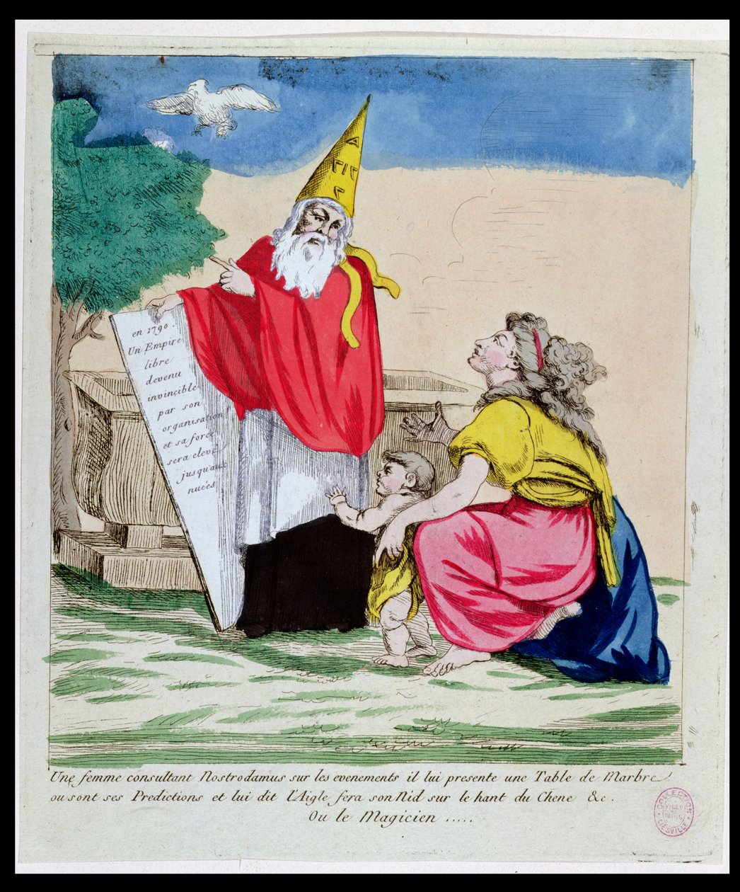 En kvinna konsulterar Michel Nostradame (Nostradamus) (1503-66) januari 1790 av French School