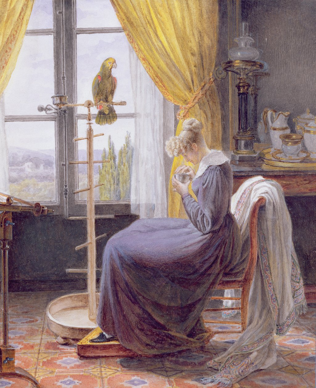 En kvinna som matar en papegoja i ett interiör, ca 1820 (wc med gouache på papper) av French School
