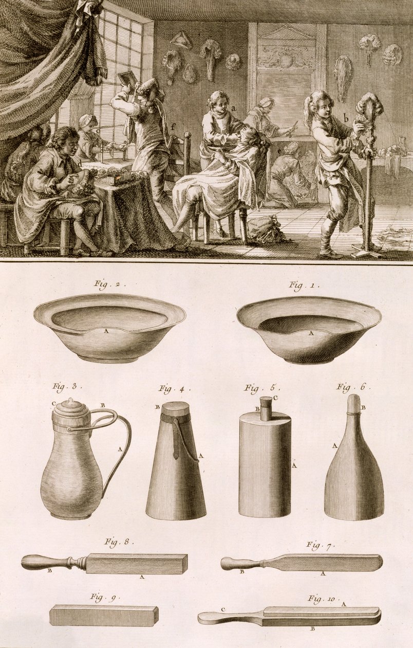 En frisersalong och frisörverktyg, från Encyclopedie des Sciences et Metiers av Denis Diderot (1713-84) publicerad ca 1770 av French School