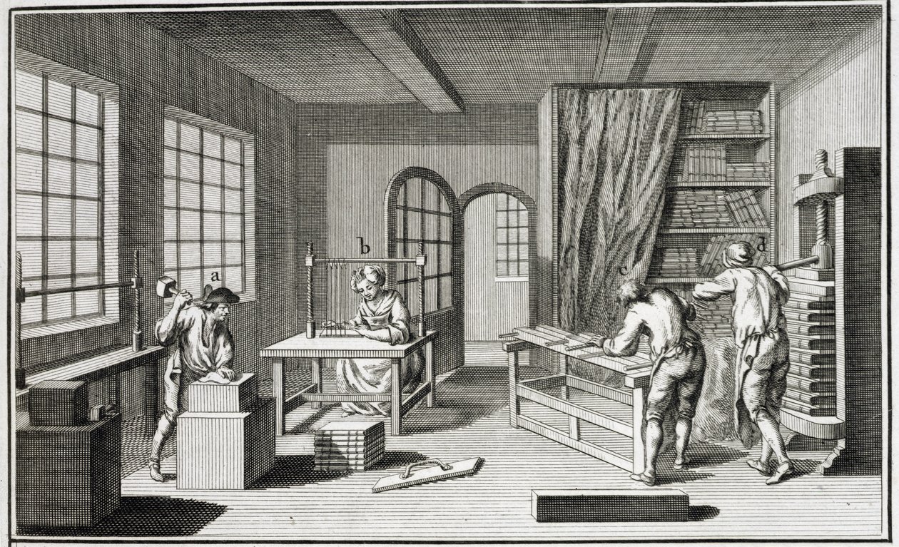 En bookmakerworkshop, från Encyclopedie des Sciences et Metiers av Denis Diderot (1713-84) publicerad ca 1770 av French School
