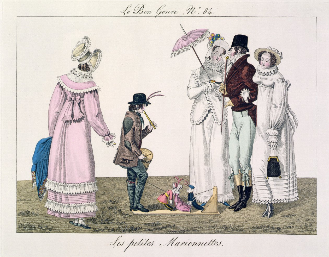 En pojke underhållande med dansande dockor, skylt 84 från le Bon Genre, ca 1810 (färgstick) av French School