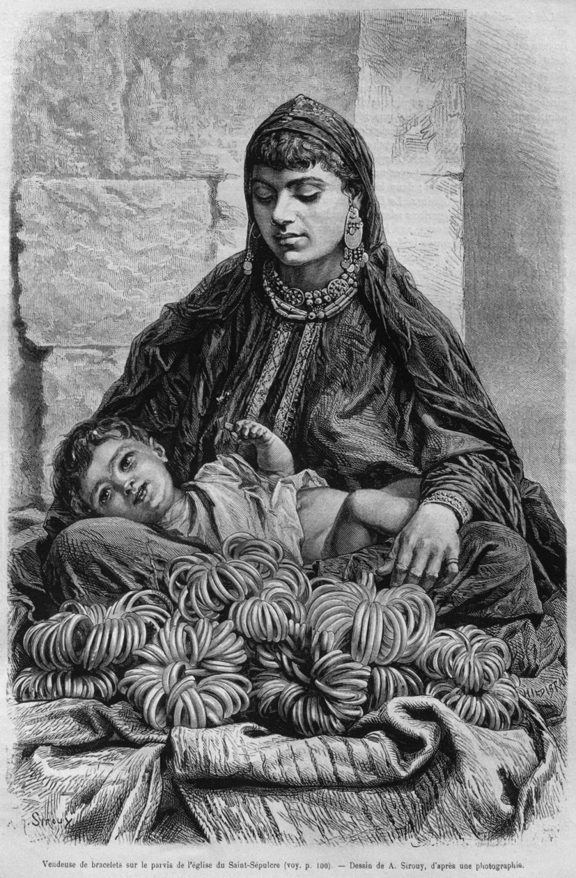 En armbandssäljare nära Heliga gravens kyrka, från Syrien idag. Reser i Fenicien, Libanon och Judéen. 1875-1880 av Louis Charles Emile Lortet, 1884 (bw gravyr) av French School