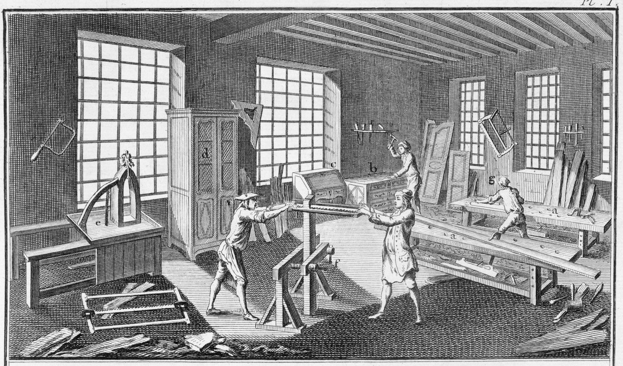 En verkstad för möbelsnickare, från Encyclopedie des Sciences et Metiers av Denis Diderot (1713-84) publicerad ca 1770 av French School