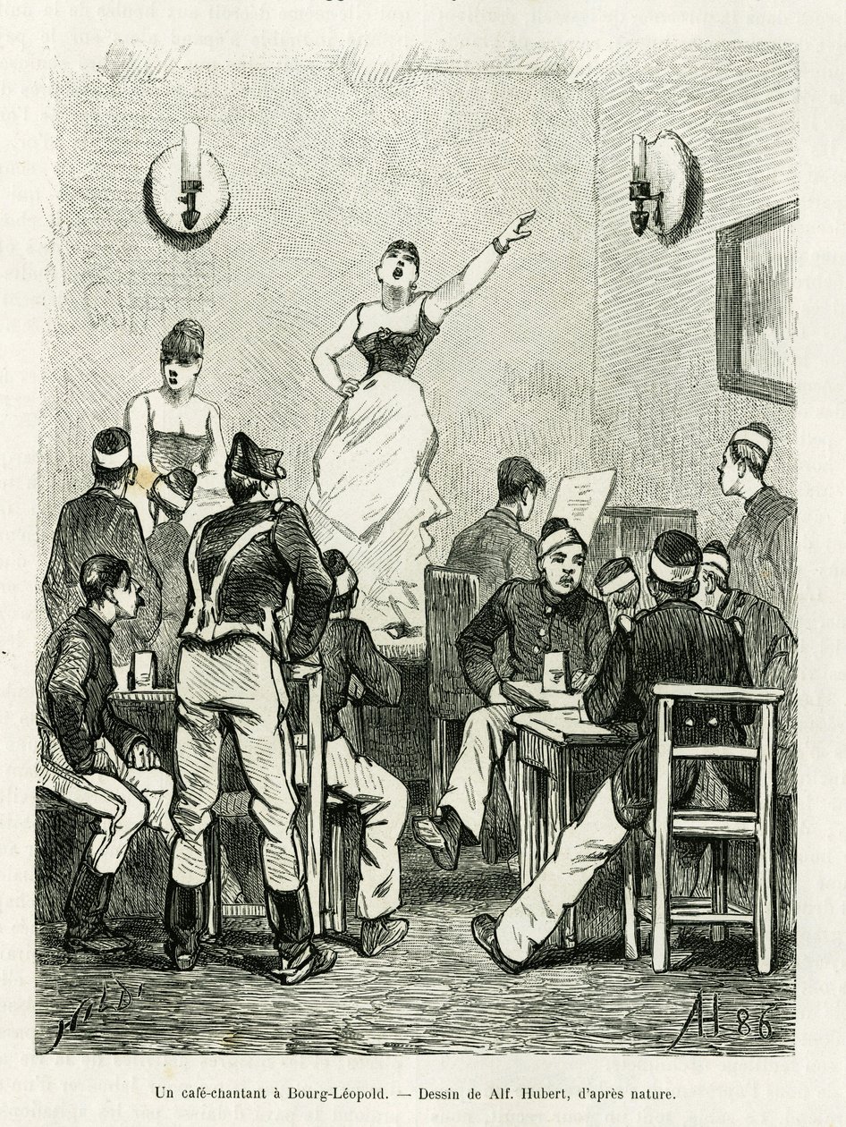 Ett kafé som sjunger i Bourg Leopold. Gravyr av A.Hubert för att illustrera berättelsen La Belgique, av Camille Lemonnier, i le tour du monde 1886, regisserad av Edouard Charton (1807-1890), Hachette, Paris. av French School