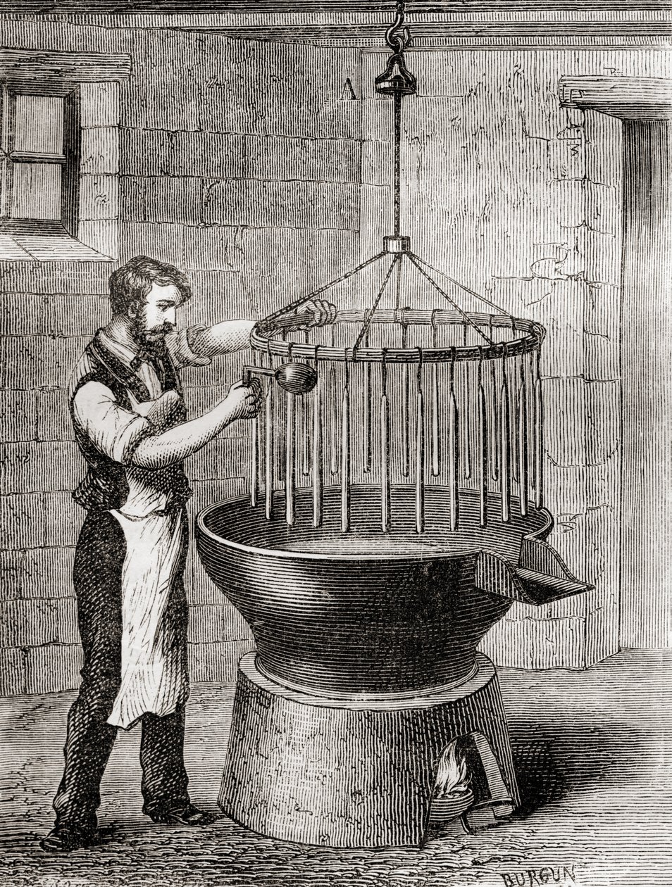 En ljustillverkare på 1800-talet, från "Les Merveilles de la Science", publicerad ca 1870 (gravyr) av French School