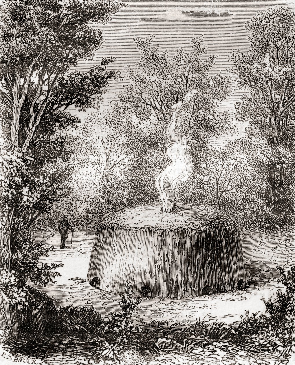 En kolugn i skogen, efter en teckning från 1800-talet, från Les Merveilles de la Science, publicerad ca 1870 (gravyr) av French School